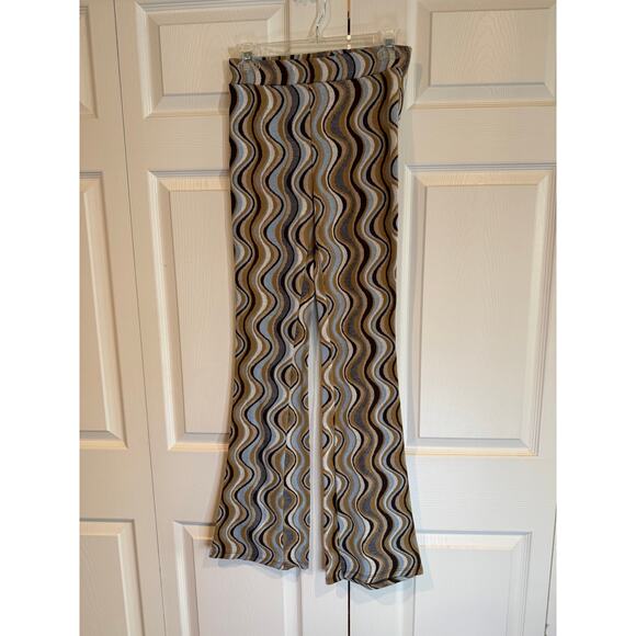 Wavy Pattern Flare Pants Brown Blue Beige Retro Style Trousers - Picture 4 of 7